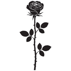 Elegant black rose silhouette with thorns and leaves on white