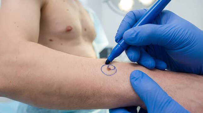 Dermatologist Marking Mole for Excision on Patient's Arm in Bright Clinic Setting with Blue Gloves and Surgical Drape