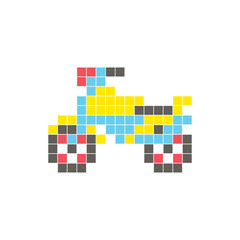 A flat pixel design made of geometric square color blocks on a clean icon layout. Pixel art motorcycle