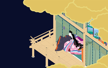 袿姿の女性と狩衣の男性が逢瀬する寝殿の部屋のイメージイラスト