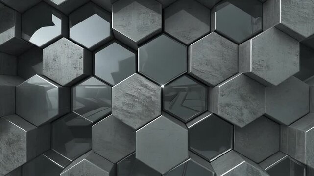 Sophisticated abstract hexagonal geometric pattern with metallic dark gray elements and diverse textures, forming a modern industrial background ideal for digital design concepts