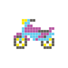 A flat pixel design made of geometric square color blocks on a clean icon layout. Pixel art motorcycle