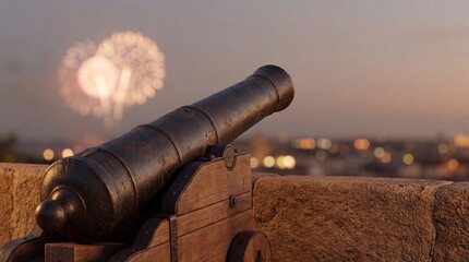 Cannon overlooking fireworks during Bastille Day celebration in a historic location at dusk