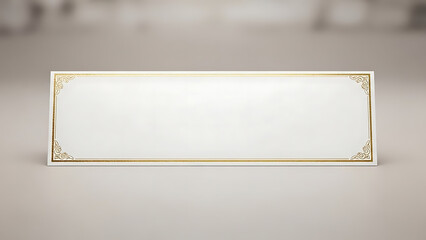 Blank white nameplate with decorative gold border and corner accents on a neutral surface.