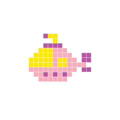 A flat pixel design made of geometric square color blocks on a clean icon layout. Pixel art submarine
