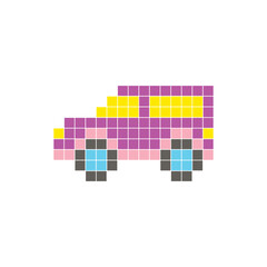 A flat pixel design made of geometric square color blocks on a clean icon layout. Pixel art car