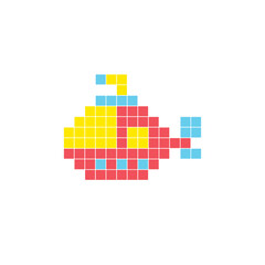 A flat pixel design made of geometric square color blocks on a clean icon layout. Pixel art submarine