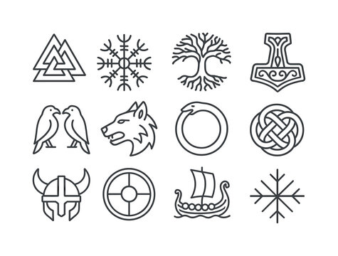 Norse Symbol Icons. Runes and symbols. Line icon set of Norse symbols: Valknut, Helm of Awe, Yggdrasil tree, Mjolnir hammer, ravens pair, wolf head, world