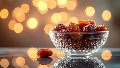 Dates soaked in water for iftar in a glass bowl, with subtle reflections and soft ambient lighting, creating a calm Ramadan mood and a serene lifestyle stock atmosphere.