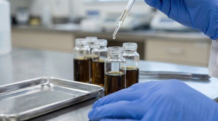 Lab technician conducts tests on oil samples in a clean workspace with glass vials and tools in the background