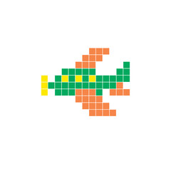 A flat pixel design made of geometric square color blocks on a clean icon layout. Pixel art aircraft