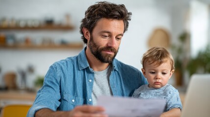 Freelancer father working remotely from home office while holding his baby son and reading documents, representing work life balance and digital nomad lifestyle