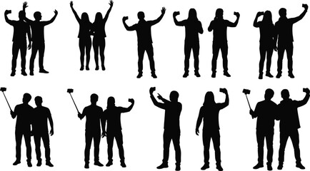People silhouette collection showing men and women posing celebrating flexing arms taking selfies isolated black vector illustration set