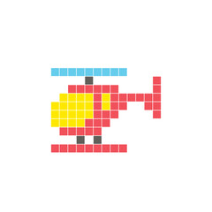 A flat pixel design made of geometric square color blocks on a clean icon layout. Pixel art helicopter