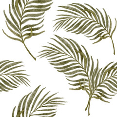 Seamless pattern with palm leaves on white background, hand painted in soft natural green tones, minimal tropical botanical texture for Easter decor, Palm Sunday design, packaging, fabric, stationery © Ekaterina
