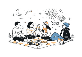 New Year Picnic. New Year?s Eve picnic with friends. Editorial scene showing togetherness, reflection and welcoming the new year in a relaxed outdoor way.