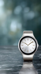 Modern Silver Smartwatch Mockup on Dark Marble Surface
