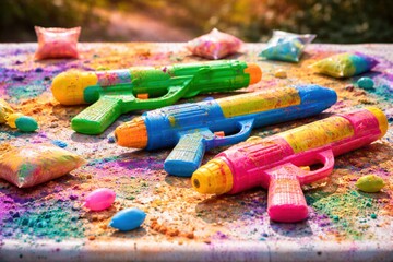 Colorful Water Guns and Powder Preparing for a Vibrant Outdoor Play Experience Full of Fun and Laughter in a Festive Atmosphere