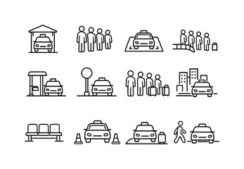 Taxi Stand Icons. Taxi Stand Waiting. Line icon set of Taxi Stand Waiting: taxi stand sign, queued passengers, marked pickup zone, line of people, curbside