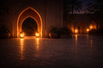 Atmospheric view of a traditional middle eastern courtyard with glowing lanterns and arched architecture at night
