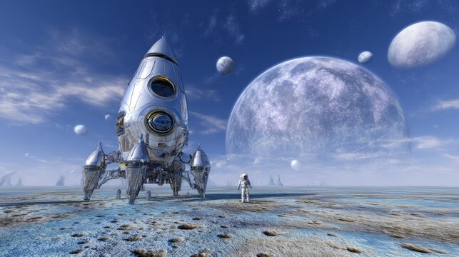 A landed rocket ship and two astronauts on a barren blue alien planet with craters, under a dark starry sky, creating a concept illustration for space exploration and interplanetary discovery