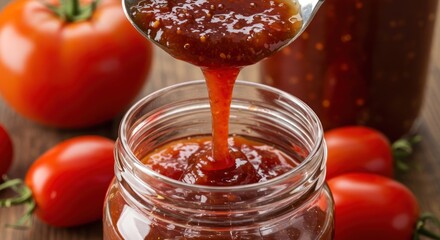 A spoon pouring red sauce into a jar surrounded by tomatoes