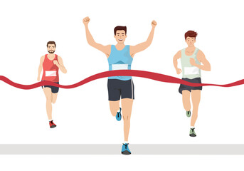 Obraz premium Marathon race. Group of people running and finish line. Front view. Vector illustration.