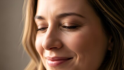 Fototapeta premium Close Up Portrait of a Smiling Woman with Brown Wavy Hair in Soft Natural Lighting Against a Neutral Background Revealing Textured Skin and Delicate Features