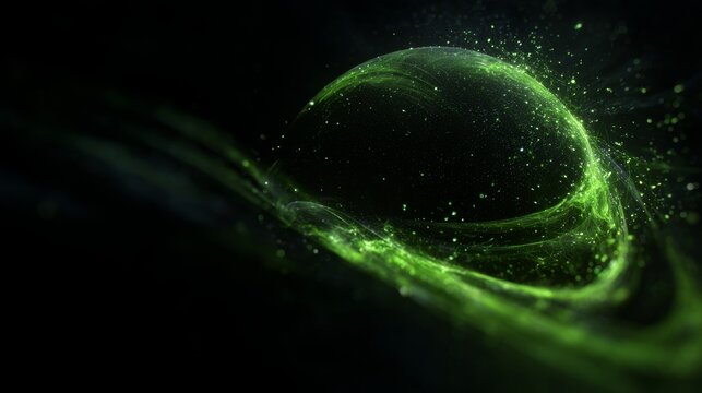 Abstract futuristic background with a glowing green energy sphere and swirling light particles, ideal for technology, science, AI, digital energy, and innovation concepts