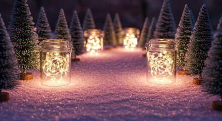 A serene winter scene with lit mason jars surrounded by snow-covered mini Christmas trees