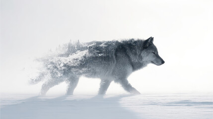 Obraz premium A ghostly grey wolf emerging from a snowstorm, mystical winter wildlife, frozen wilderness and arctic predator on the move