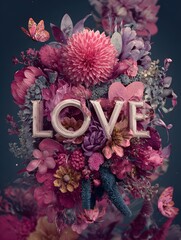 Florale Liebeskomposition mit Schriftzug
