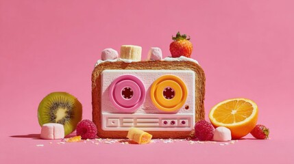 Creative retro cassette player made of toast and fruit on pink background