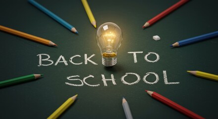 A green chalkboard with a glowing lightbulb and colorful pencils surrounding the words 'BACK TO SCHOOL' written in chalk
