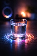 A Captivating Glass of Water Illuminated by Colorful Lights, Casting Circular Reflections on a Dark Surface with a Cozy Background Ambiance