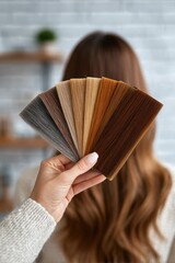 Hairdresser&rsquo;s hand displaying a fan of natural tone hair color samples in a salon, with a long-haired woman in the background out of focus.