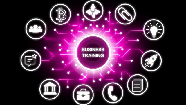 BUSINESS TRAINING concept with interconnected icons background. Successful business strategy idea concept with circuit icon. Business, modern technology, internet and networking concept.