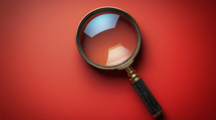 A magnifying glass loupe with a handle and optical lens lies isolated over a red background as a search tool for zoom magnification and focus exploration