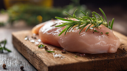Close Up View of Raw Chicken Fillet with Rosemary and Sea Salt