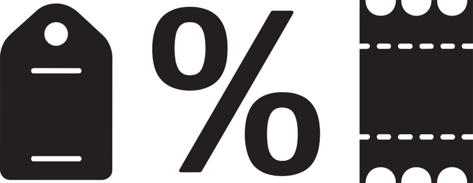 Discount and sale symbols including price tag percentage sign and perforated coupon