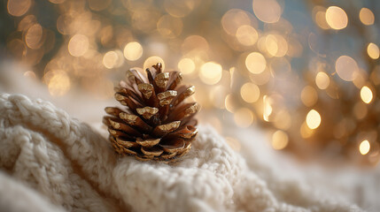 A warm and inviting scene, a meticulously captured pine cone, glistening in gold, rests gracefully upon a cozy, soft woolen surface, all set against a luminous backdrop of blurred golden lights.