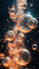 Fantasy night sky illustration of a dark universe featuring abstract bubbles as glowing planets and celestial spheres floating within a luminous galaxy nebula cosmos wallpaper