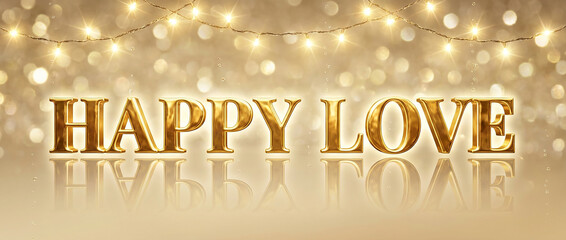 Happy Love golden 3D text banner with glowing bokeh, perfect for relationship anniversaries and romantic celebration goals