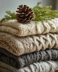 Cozy and inviting image of stacked cable knit sweaters, adorned with a pine cone and evergreen sprigs, embodying the essence of winter warmth and seasonal comfort.