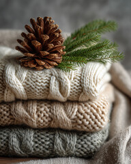 A cozy composition of soft, inviting knit sweaters, artfully arranged and accented with a pine cone and sprig of evergreen.