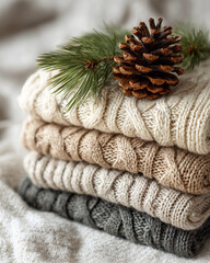 Cozy knitted sweaters and a pine cone evokes warmth, comfort, and the serenity of autumn or winter. The scene presents a stack of folded sweaters, with a natural pine cone and branch nestled atop.
