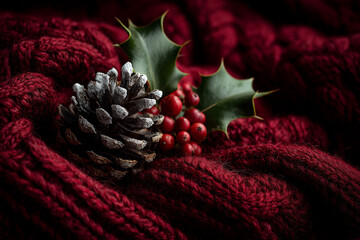 A close-up view of a cozy Christmas arrangement. A pine cone, holly leaves, and vibrant red berries resting atop a rich red knitted fabric, creating a warm and inviting atmosphere. 