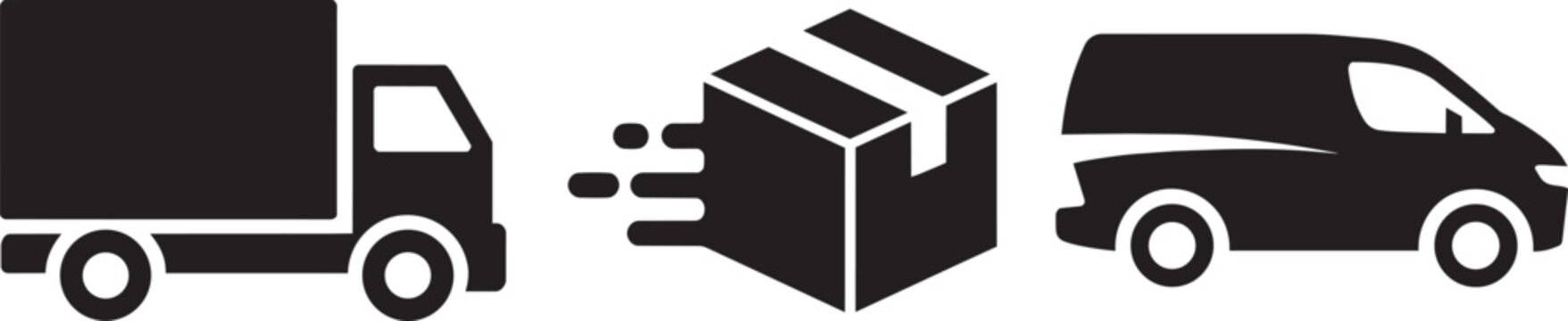 Logistics and shipping service icons with delivery truck cargo box and transport van silhouette