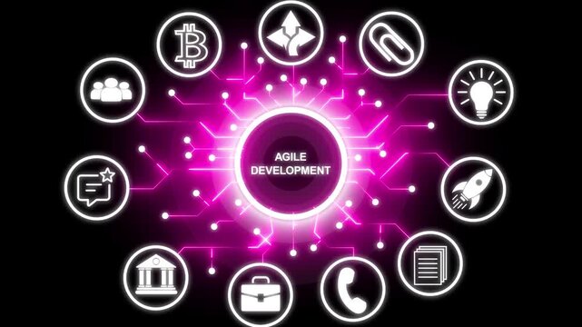 AGILE DEVELOPEMENT concept with interconnected icons background. Successful business strategy idea concept with circuit icon. Business, modern technology, internet and networking concept.
