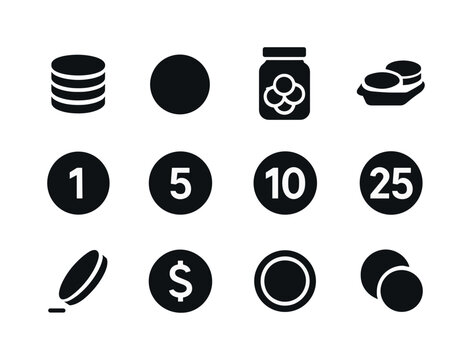Coin Icon Set. Coin icons. Solid icon set of coin icons: stack of coins, single coin, coin jar, coin tray, penny icon, nickel icon, dime icon, quarter icon,